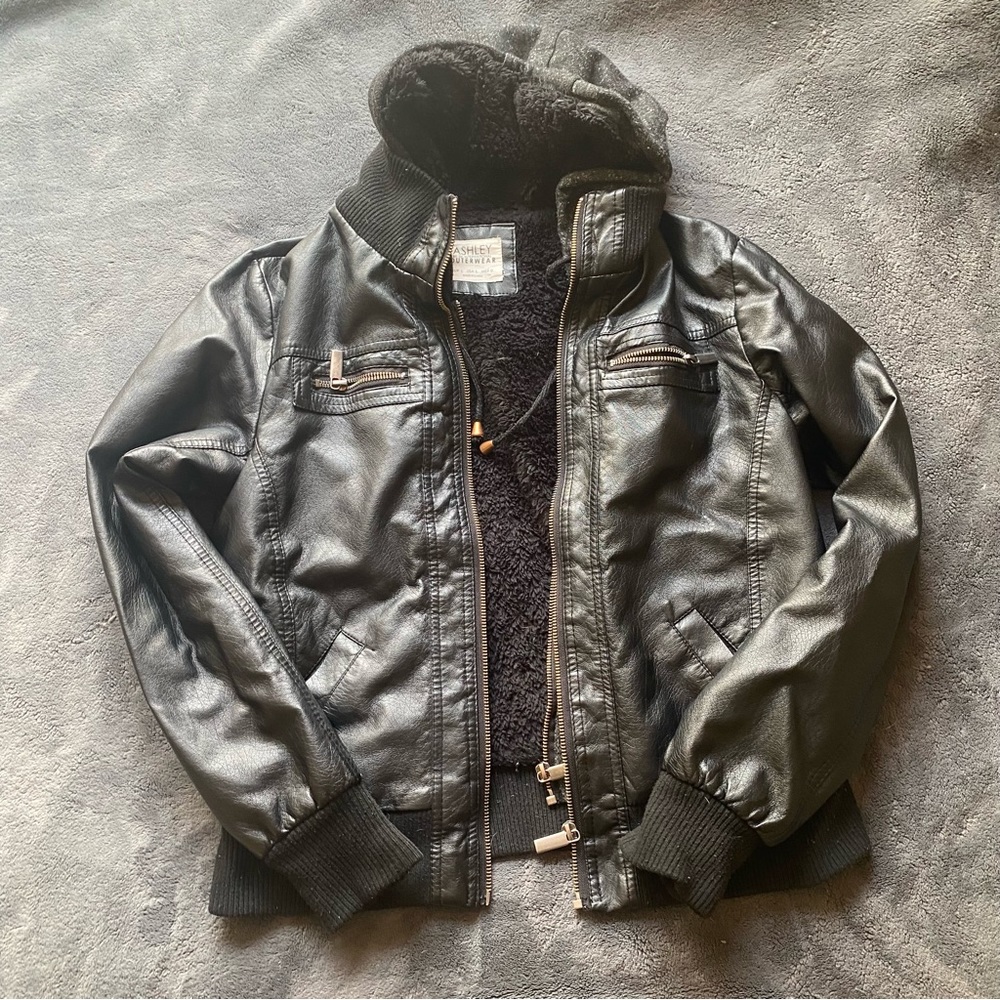 Black leather jacket with hoodie